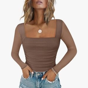 Brown Long Sleeve Square Neck Top